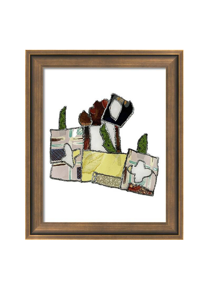 Framed artwork with colorful abstract design on a white background