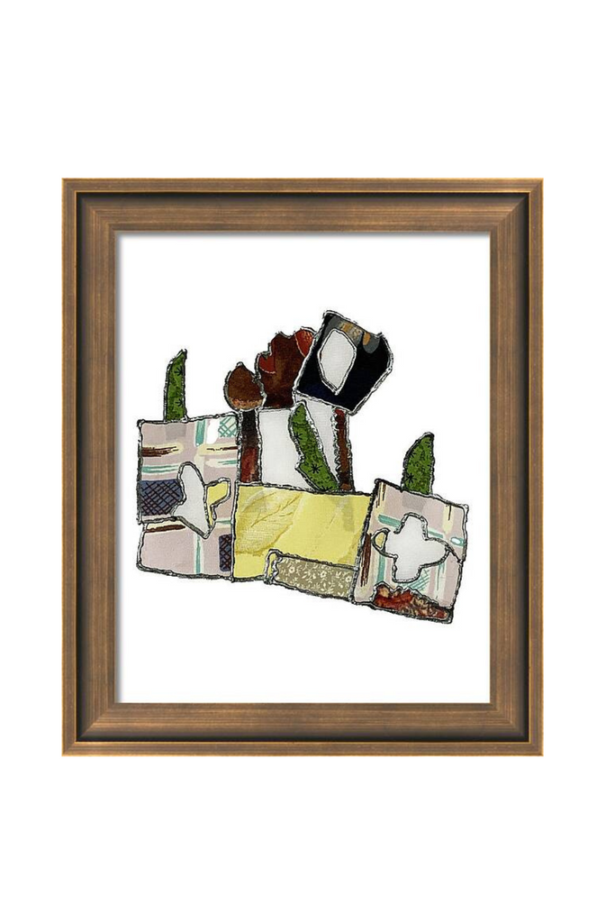 Framed abstract artwork with colorful geometric shapes on a white background