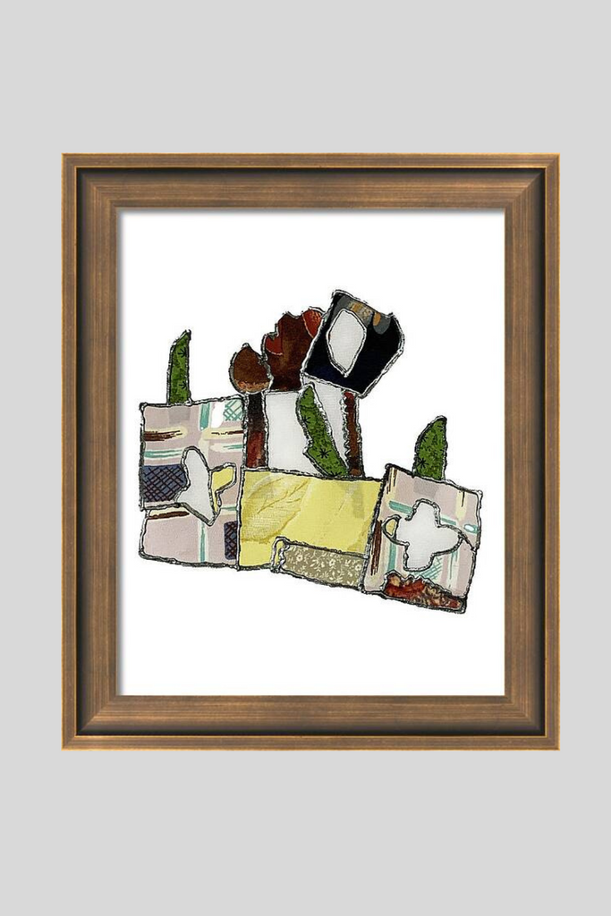 Framed mosaic artwork with various shapes and colors on a white background