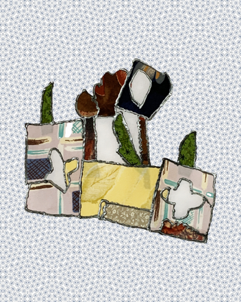 Artistic depiction of a still life with various objects on a textured background