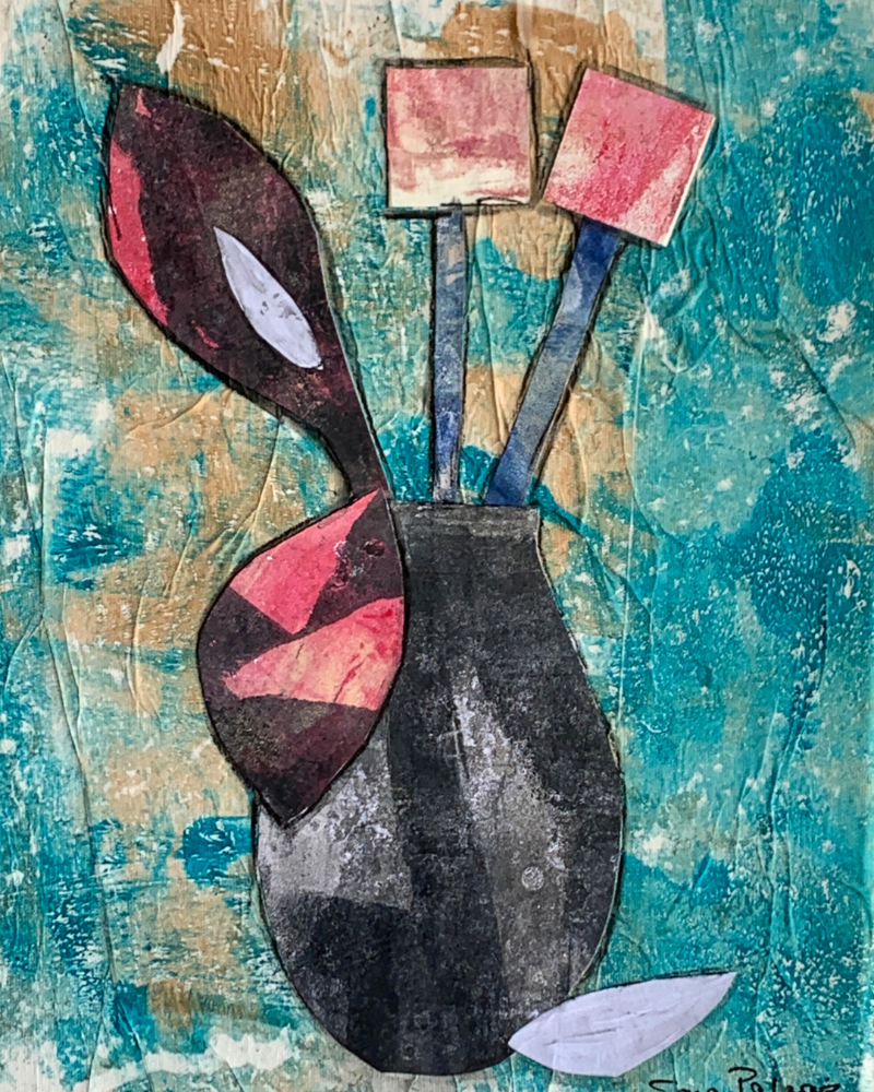 Abstract artwork with geometric shapes on a textured background