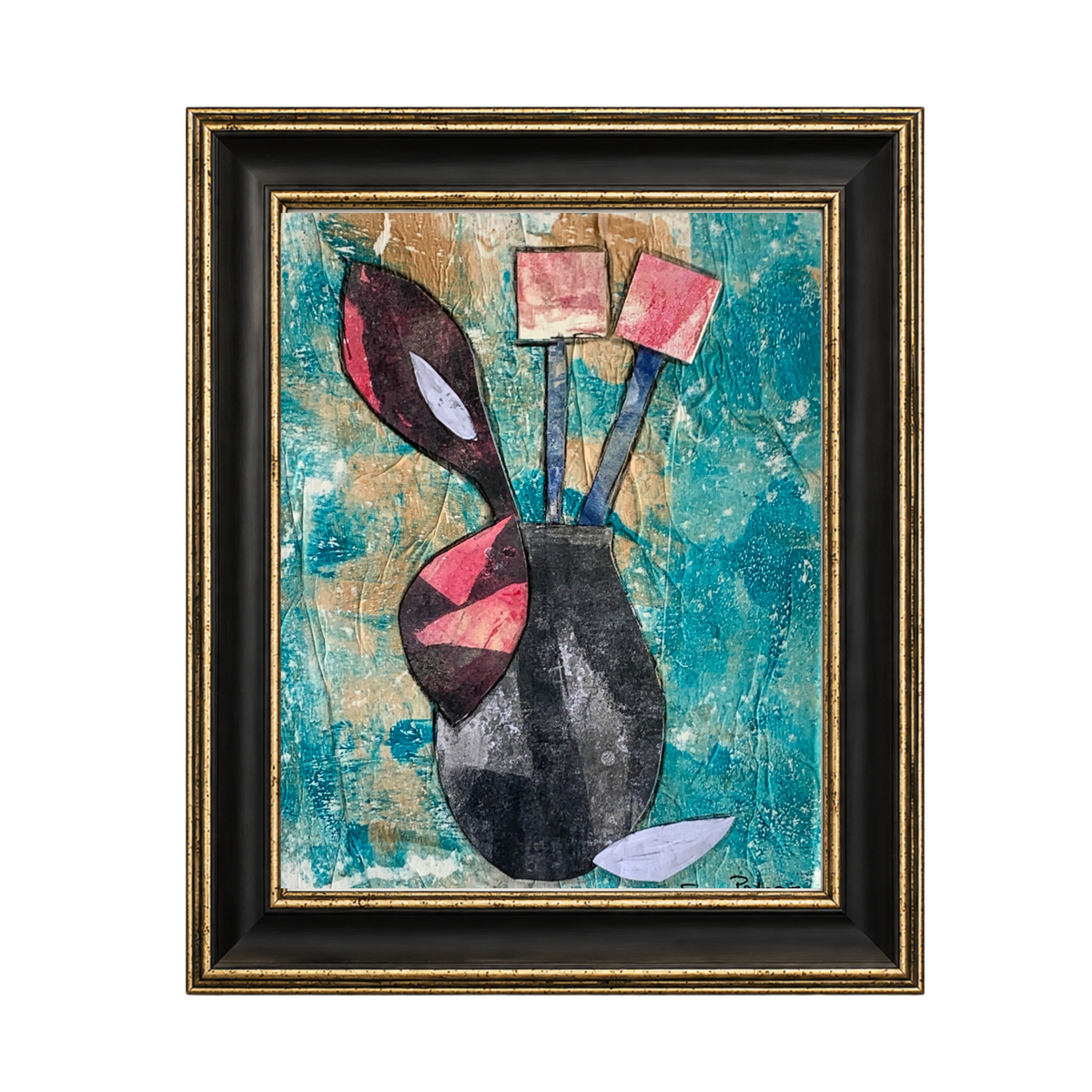 Framed abstract painting featuring a black vase with pink and red geometric shapes on a textured teal and gold background, enclosed in a black frame with gold detailing.
