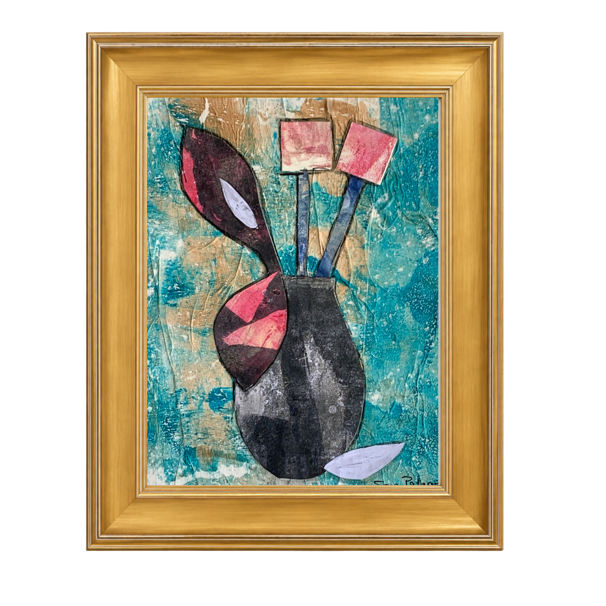 A framed abstract painting featuring a dark vase with pink and black geometric shapes against a textured teal and gold background, enclosed in a gold frame.