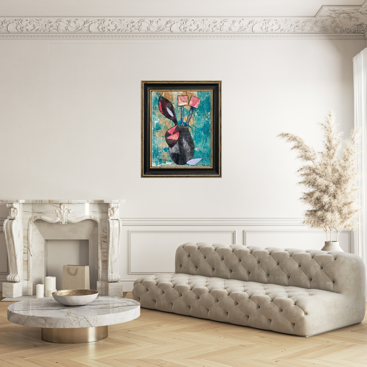 A framed art print featuring a black rabbit with pink and orange details on a textured teal background, hanging on a white wall in a styled living room with a tufted sofa, marble coffee table, and pampas grass.