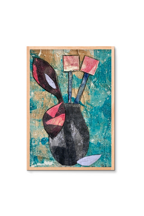 Abstract art piece with colorful shapes on a textured background