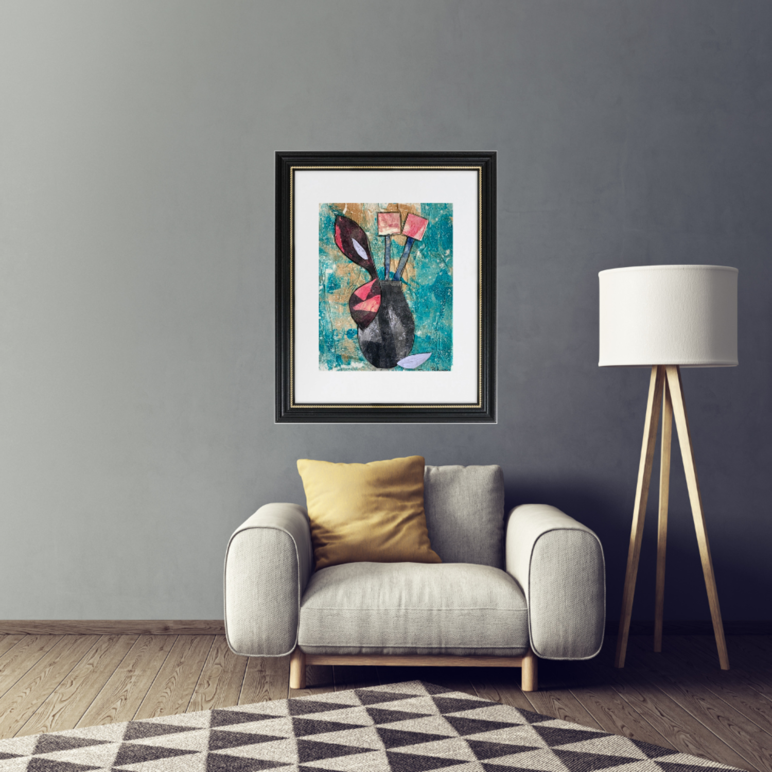  Floral Wall Fine Art Print. Living room with a gray armchair, a yellow pillow, and framed abstract art on a gray wall.