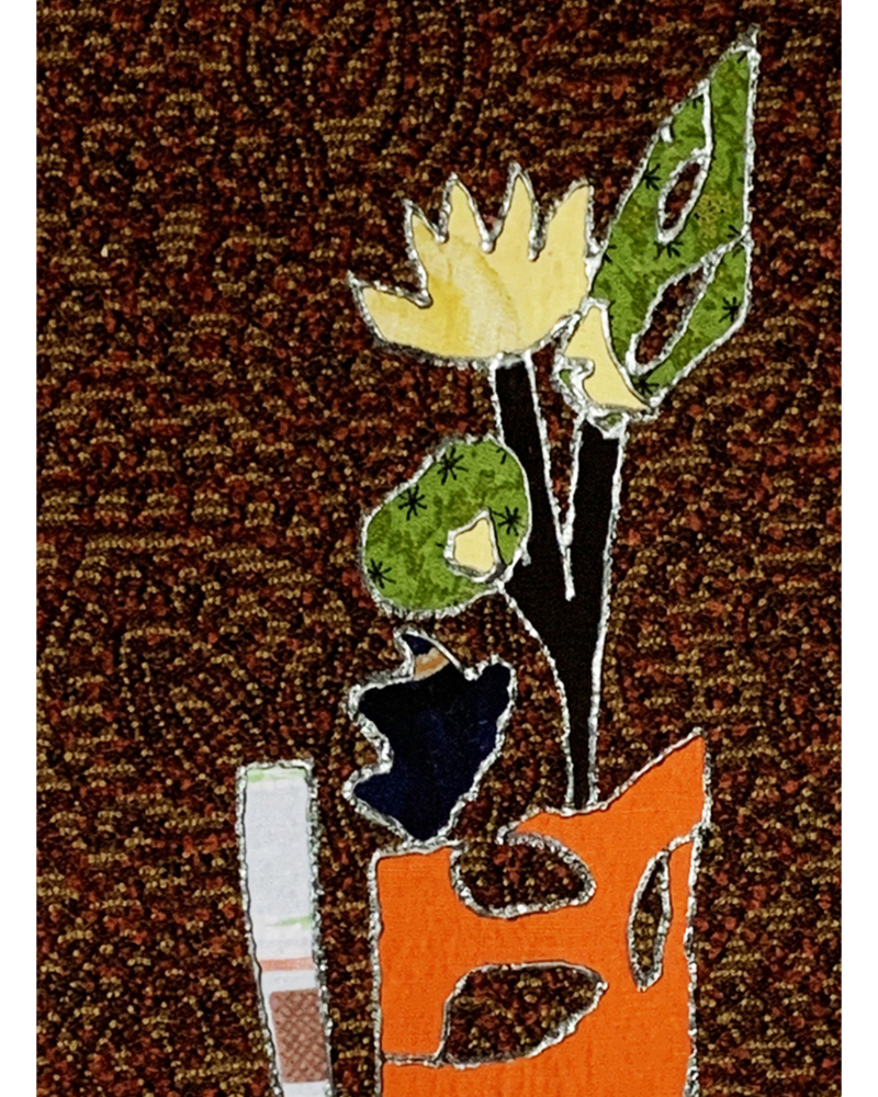 Modern textile collage featuring a golden flower, bold green foliage, and an abstract orange vase against a richly textured brown background with paisley-like detail.