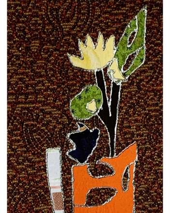 Modern textile collage featuring a golden flower, bold green foliage, and an abstract orange vase against a richly textured brown background with paisley-like detail.