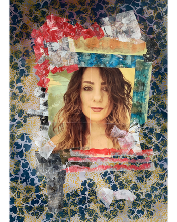 Collage of a woman's face with abstract patterns and colors on a textured background