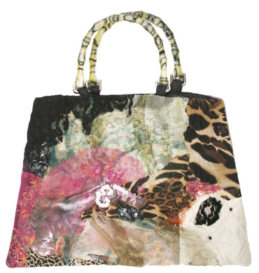 Art print of a handmade purse titled Jungle, designed by Sara Palacios using layered textiles, sequins, embroidery, and leopard print elements.