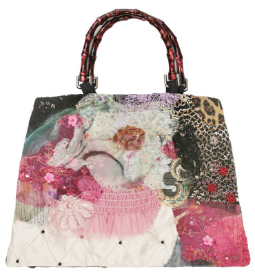 Art print of a handmade purse titled Water, designed by Sara Palacios with pink tulle, beaded lace, leopard print, and floral embroidery.
