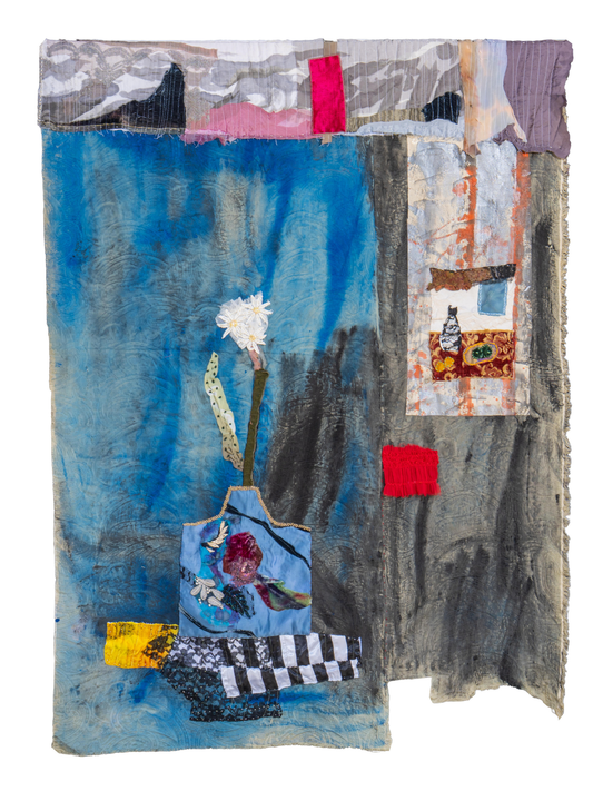 Textile art piece with a vase, flowers, and abstract patterns on a blue background