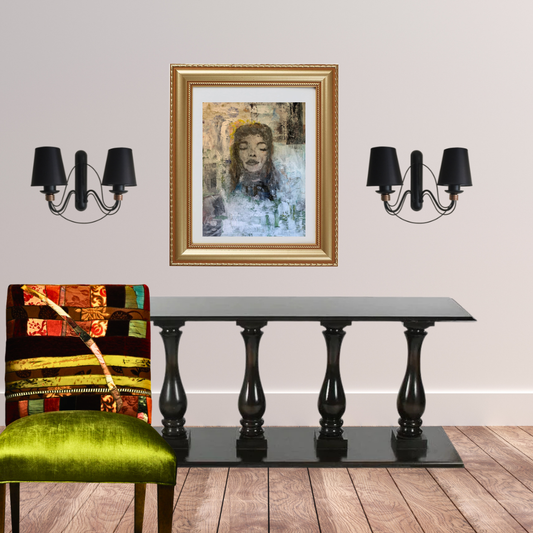 Dining room with a black table, colorful chair, and wall art.