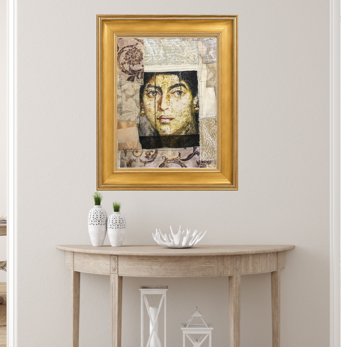 Ina fine art print by contemporary artist Sara Palacios, featuring an elegant and expressive mixed-media portrait with exceptional narrative depth and detailed gallery textures. Framed in a black and gold frame

