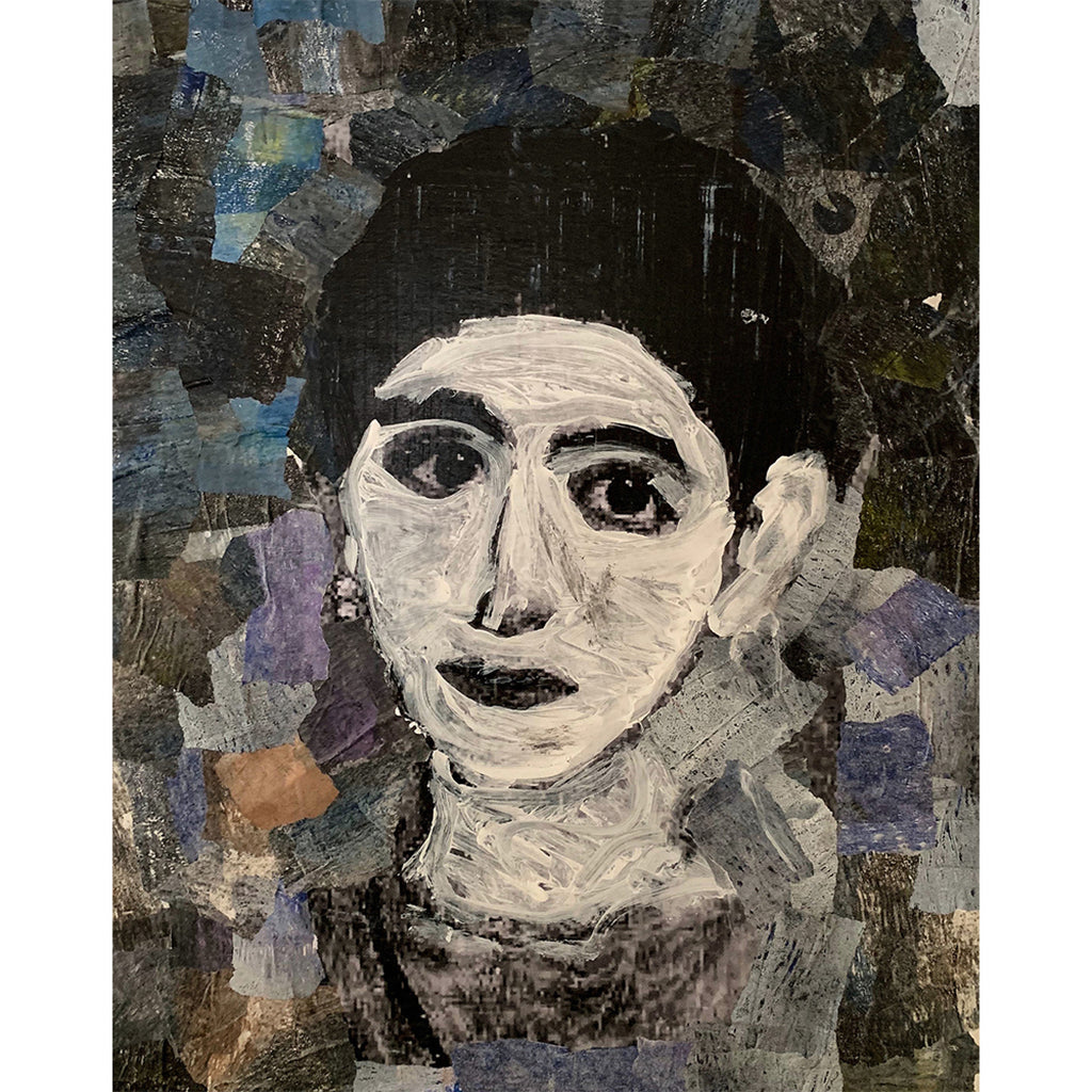 Handmade collage portrait of a woman with expressive eyes and a calm presence, created with textured hand-painted papers in deep blues and neutrals.