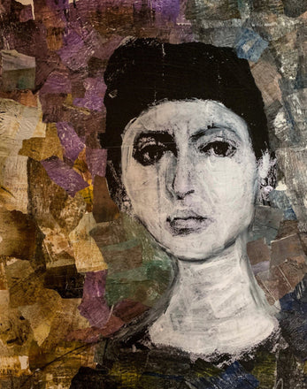 Collage portrait of a woman in grayscale with a serious expression, surrounded by layered hand-painted papers in muted purples, browns, and greens.