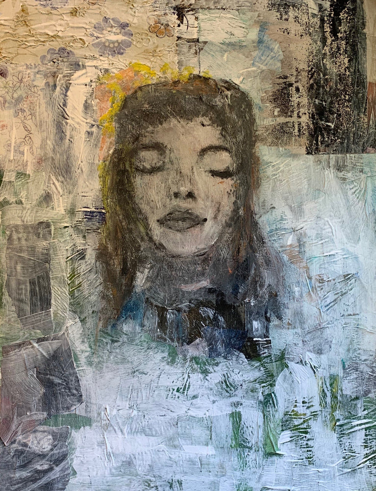 Abstract art piece with a textured background and a central figure.