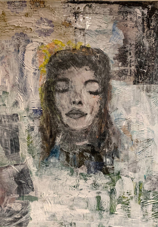 Black-and-white collage portrait of a woman with lace detailing around the neck, set against textured paper layers in gold, brown, and neutral tones.

