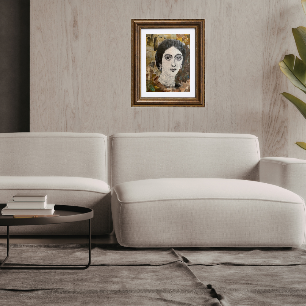 Colorful Portraits Fine Art Prints. Framed mosaic art above a beige sofa in a living room setting.