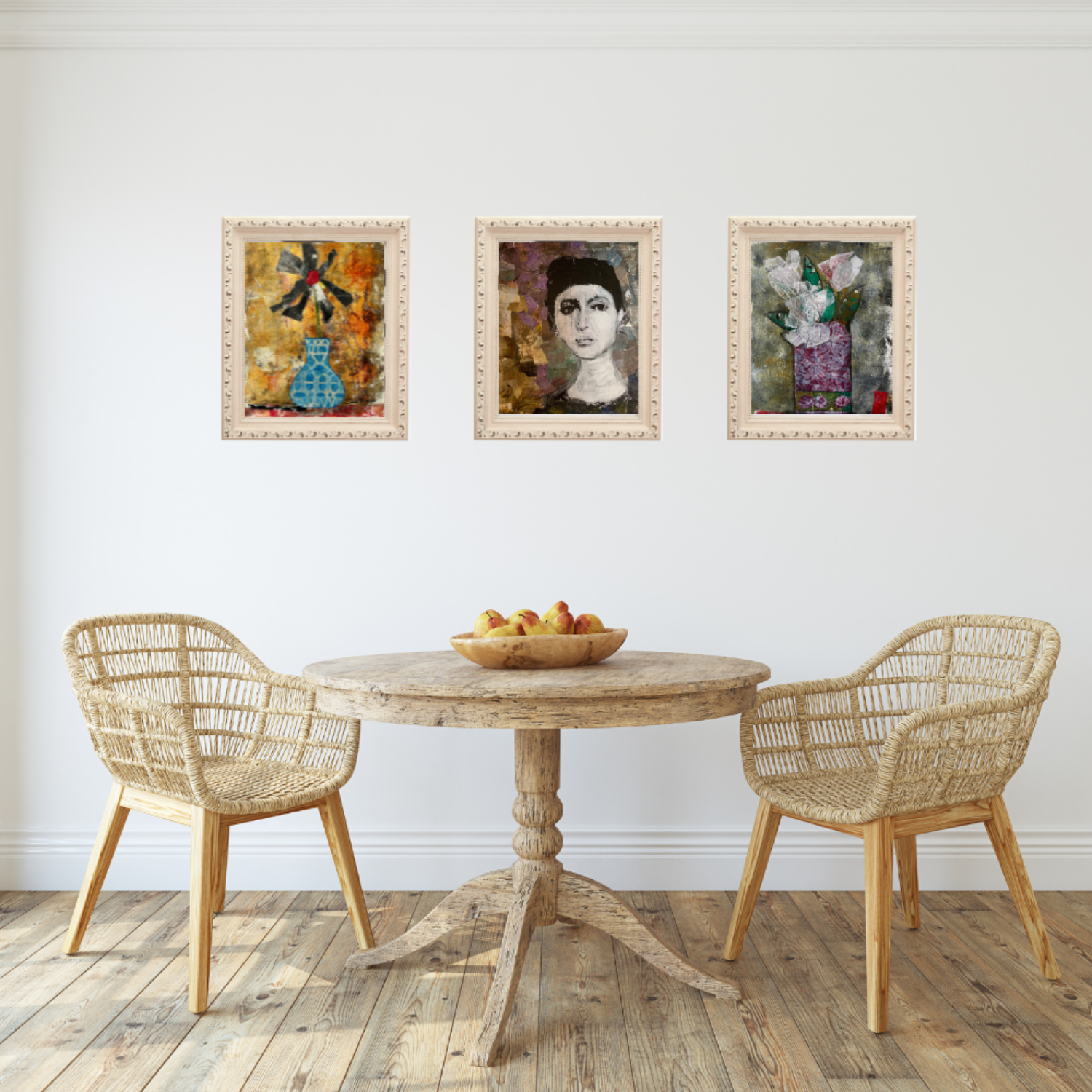 Wall art. Dining area with a wooden table and wicker chairs, featuring three framed artworks on the wall.