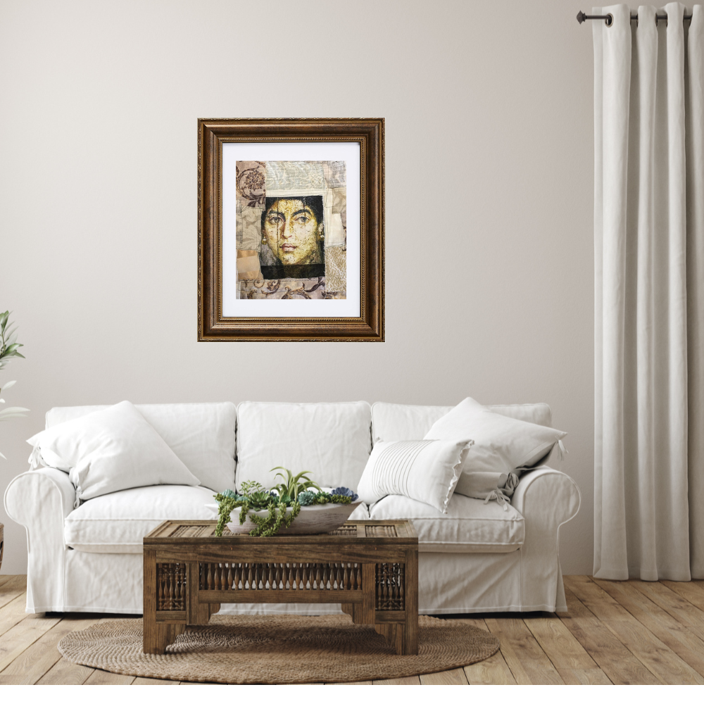 Colorful Portraits Fine Art Prints. Living room with a white sofa, a wooden coffee table, and framed artwork on the wall.