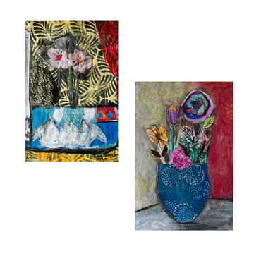 Two abstract artworks with floral elements on a white background