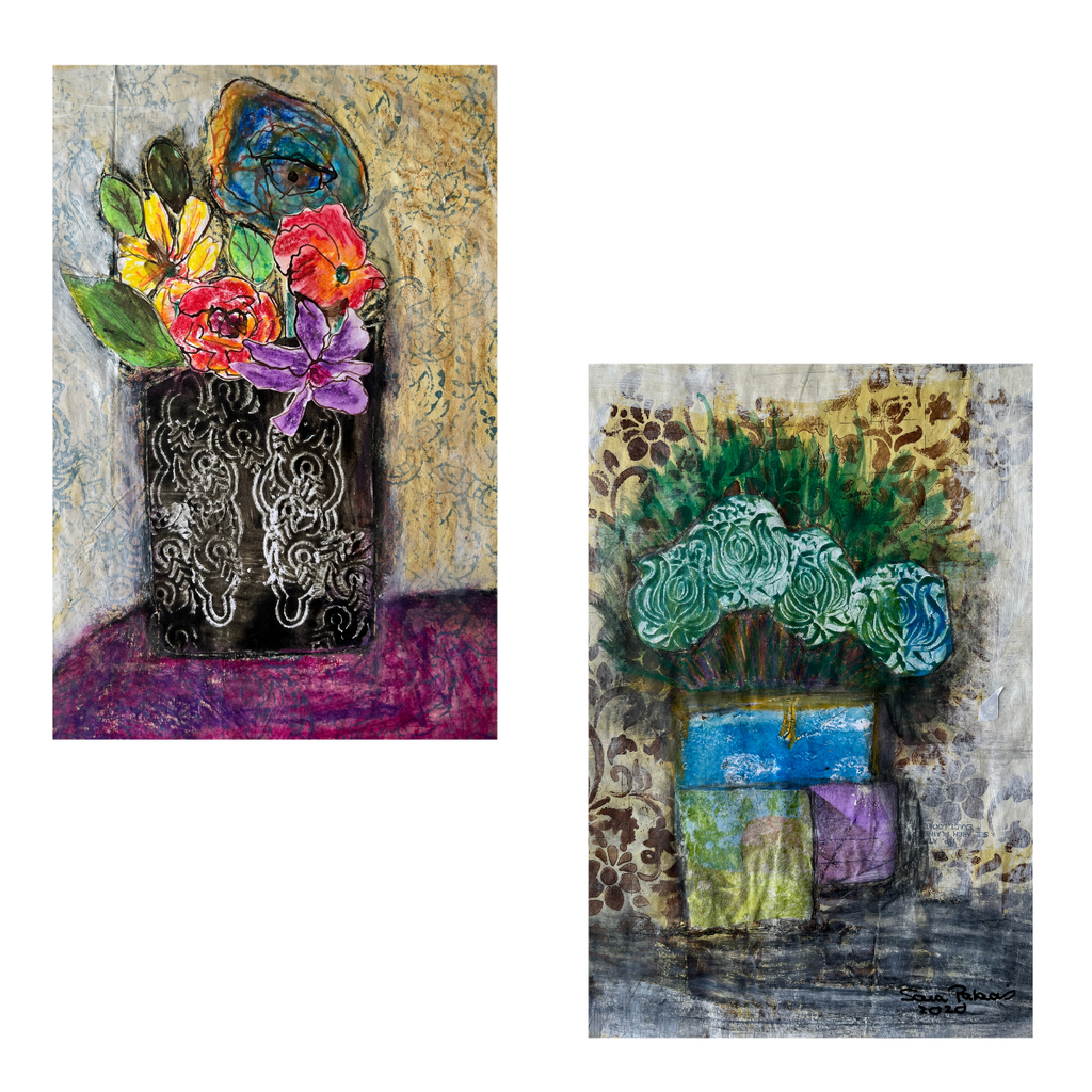 Two artistic still life paintings with floral and abstract elements.