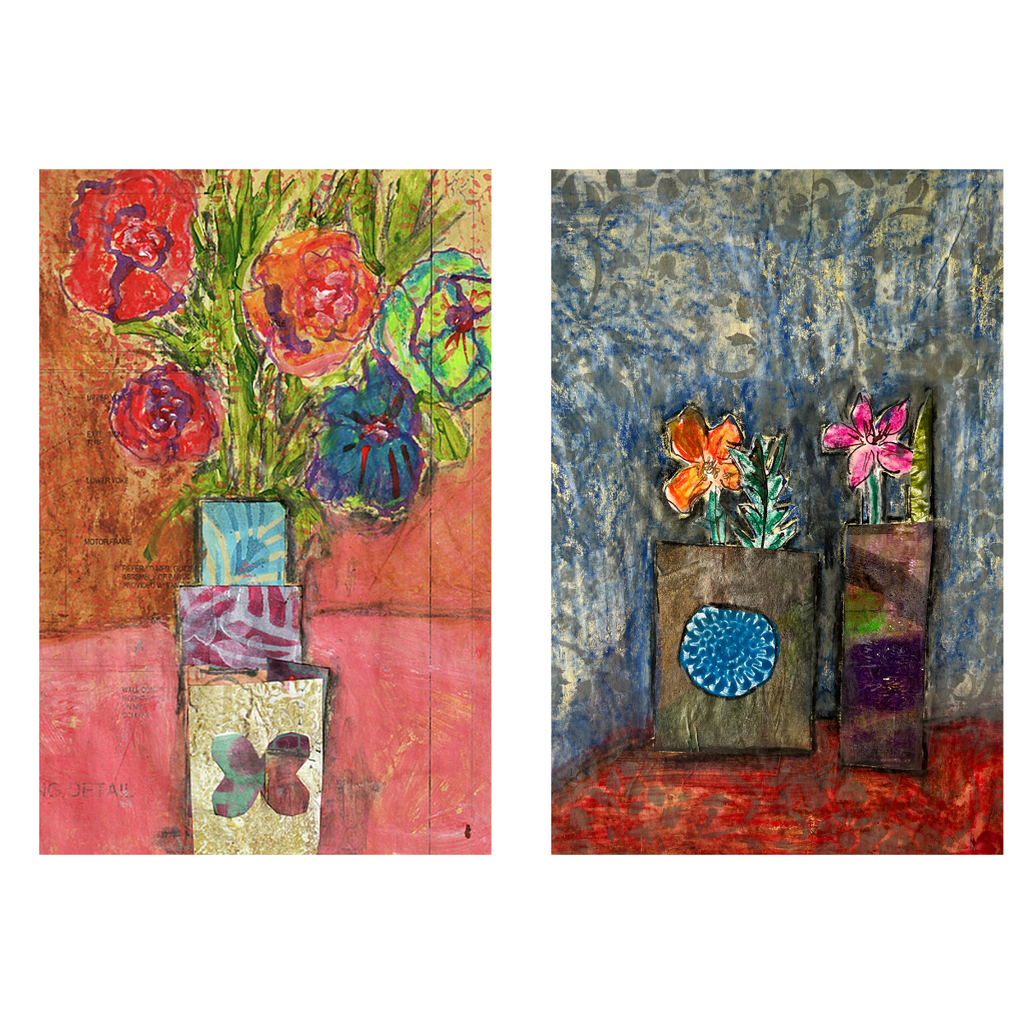 Two artistic representations of vases with flowers on textured backgrounds
