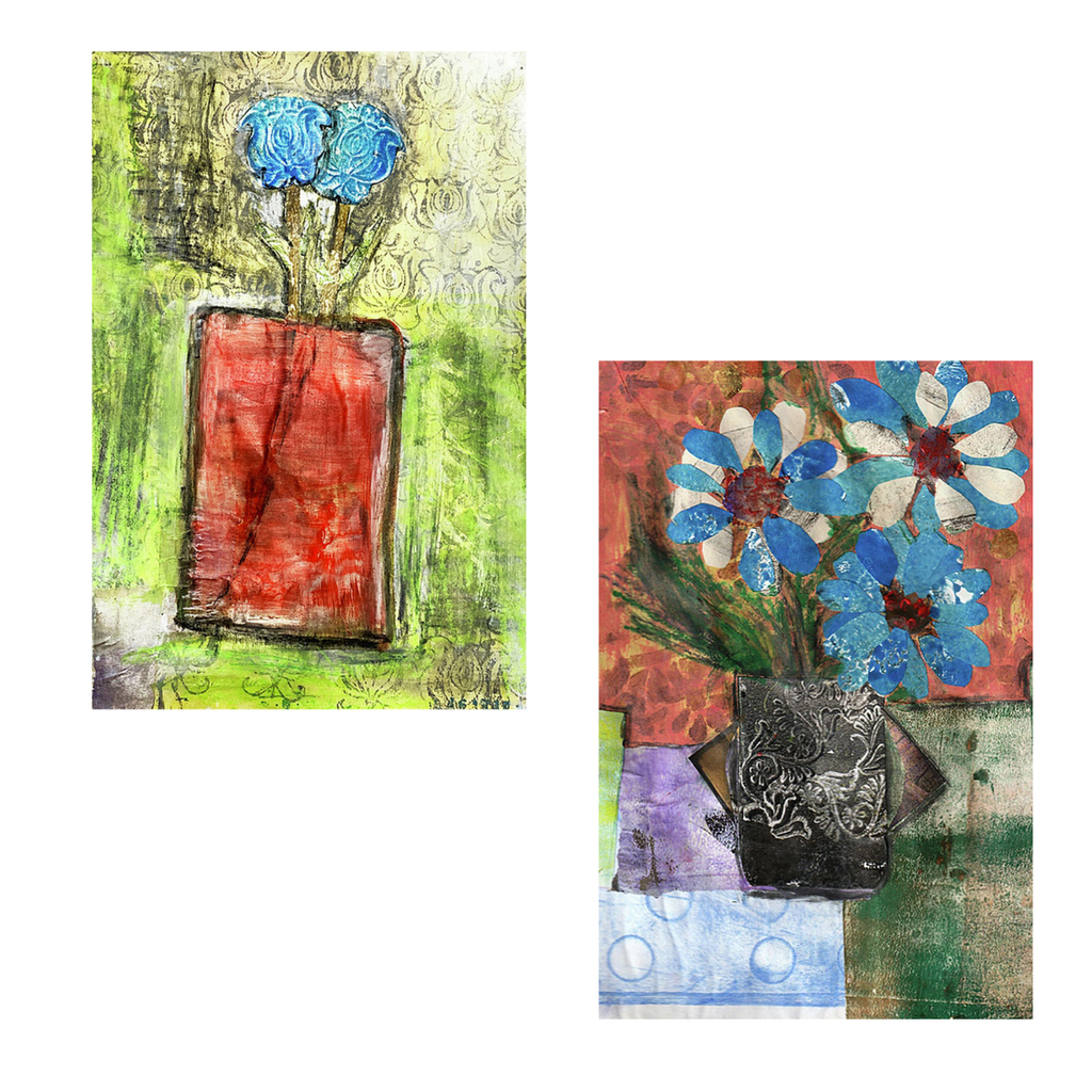 Two abstract artworks of flowers in vases on a white background