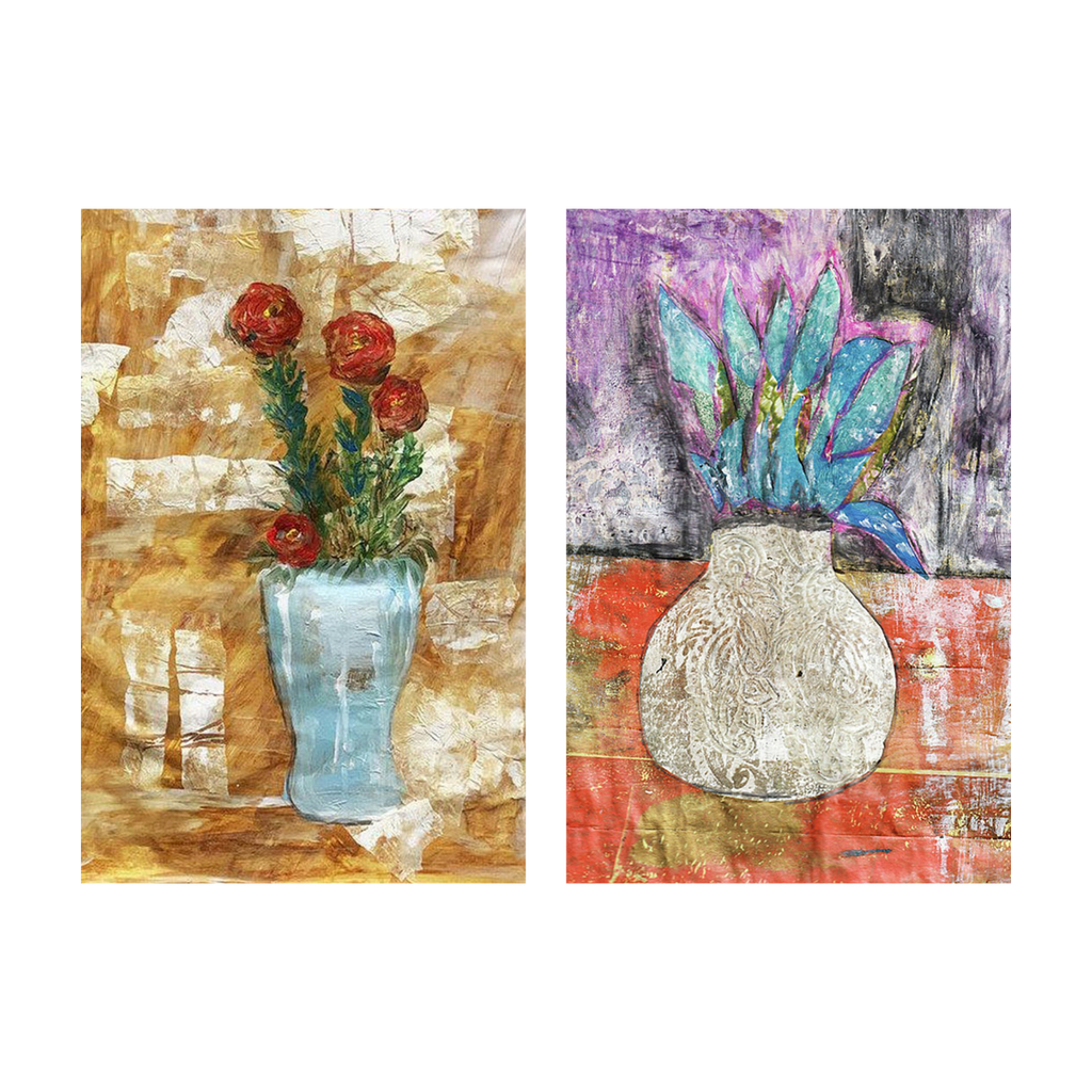 Two abstract artworks featuring vases with flowers on textured backgrounds.