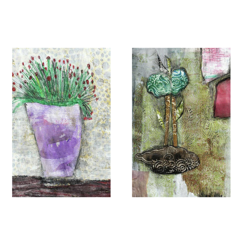 Two artistic illustrations of a purple vase with greenery and a decorative brooch on a textured background.