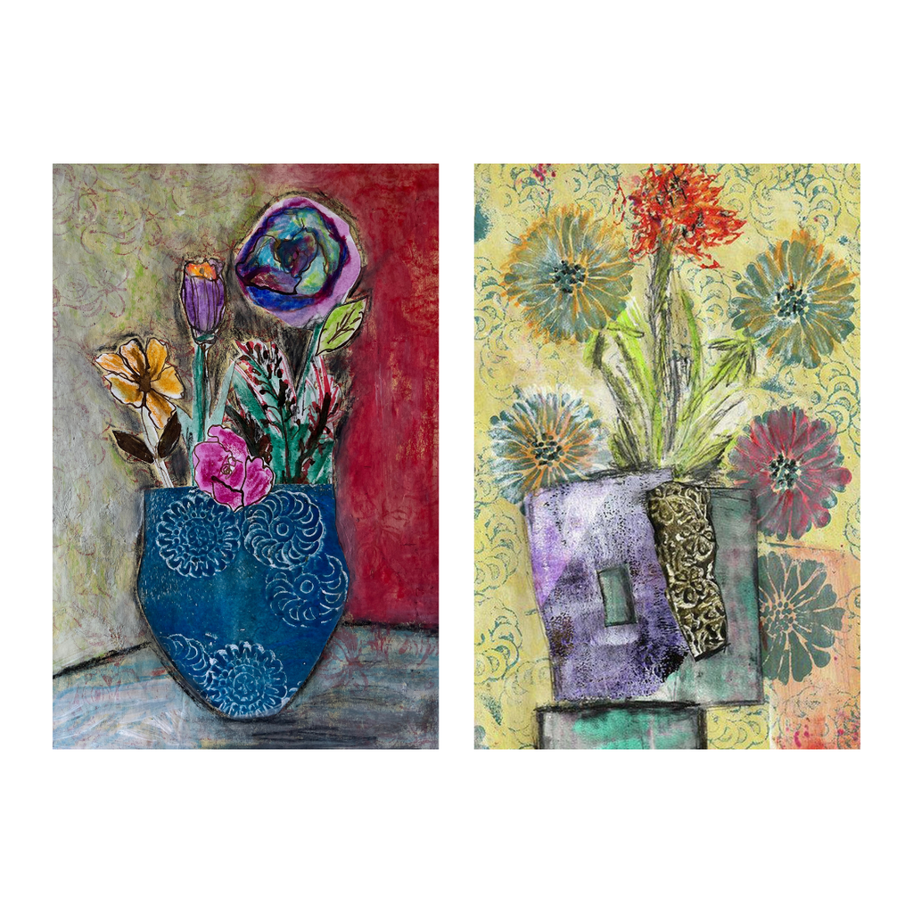Two artistic paintings of floral arrangements in blue and purple vases on textured backgrounds.