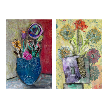 Two artistic paintings of floral arrangements in blue and purple vases on textured backgrounds.