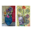 Two artistic paintings of floral arrangements in blue and purple vases on textured backgrounds.