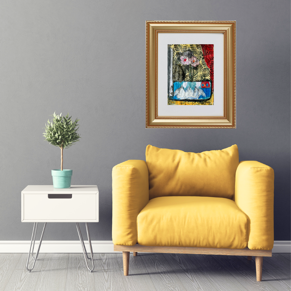 Floral Wall Fine Art Print. Yellow armchair in a room with a framed abstract painting on the wall and a small table with a plant.