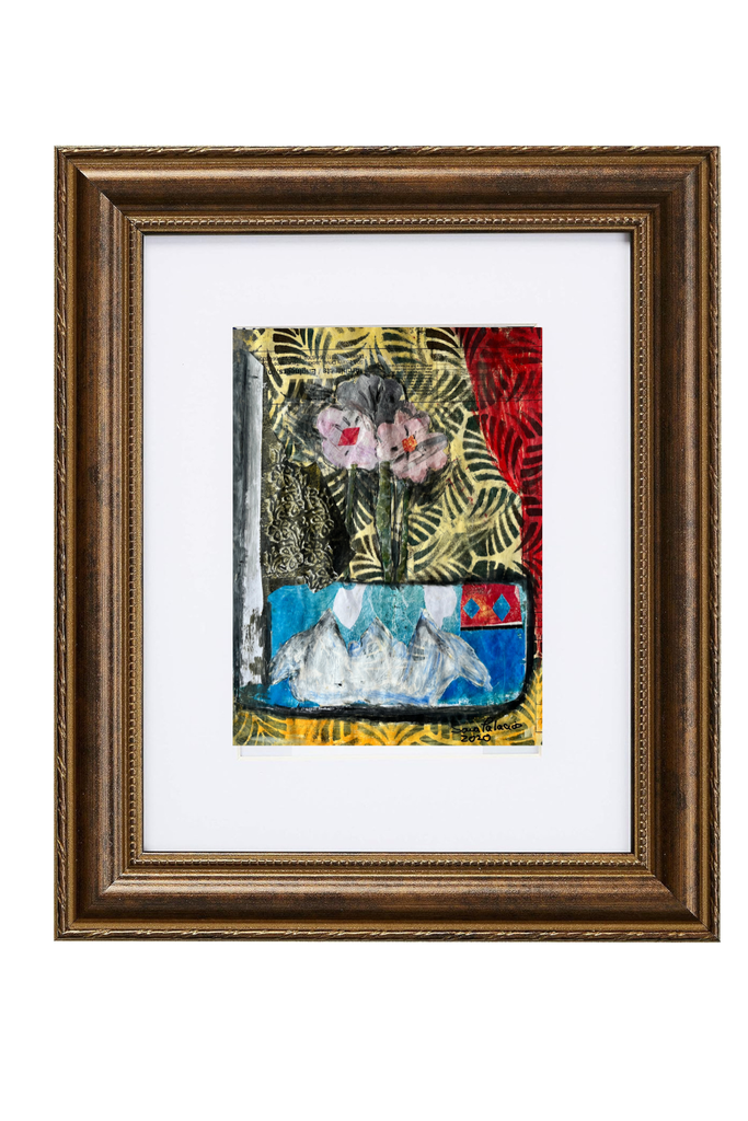 Framed abstract artwork with a brown frame on a white background