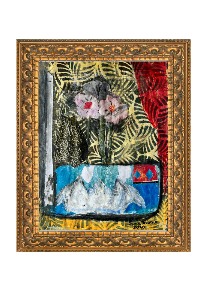 Artistic collage with floral elements and mountain scene in a decorative gold frame.