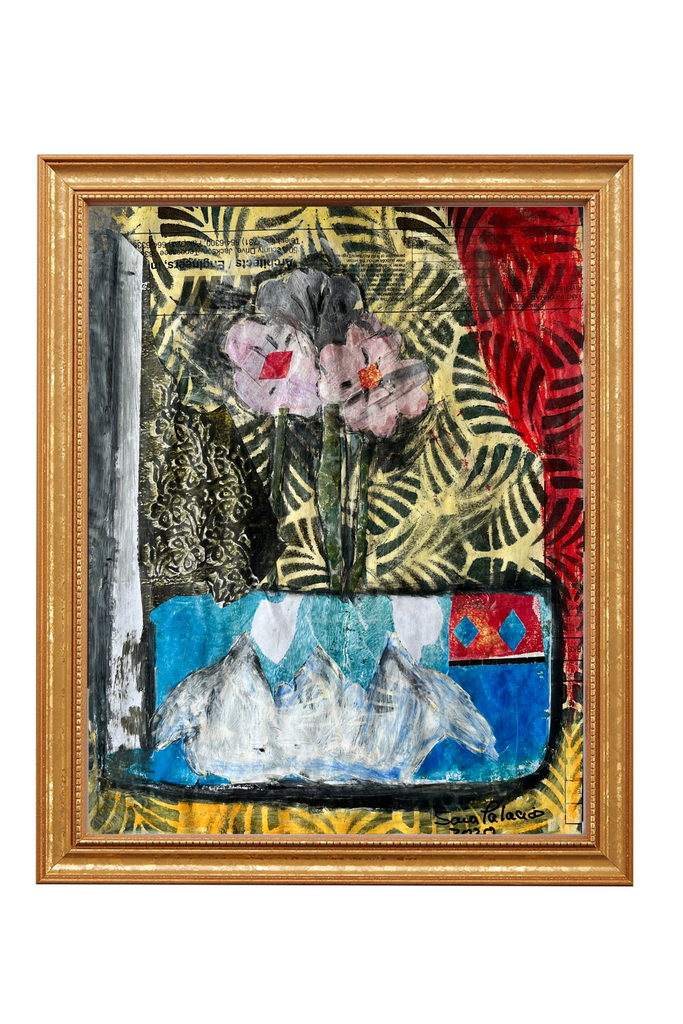 Abstract artwork with flowers and mountains in a gold frame