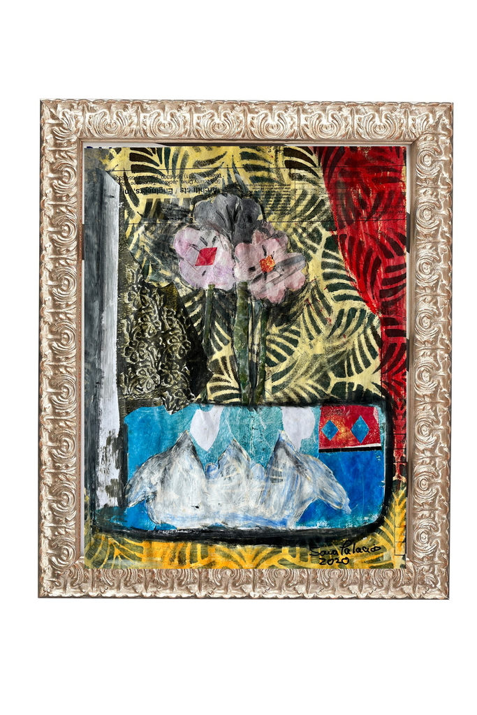 Artistic depiction of flowers and mountains in a decorative frame