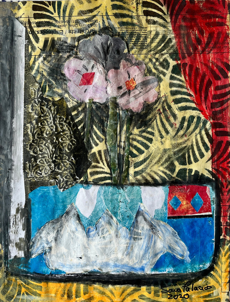 colorful still life, yellow background, blue vase.