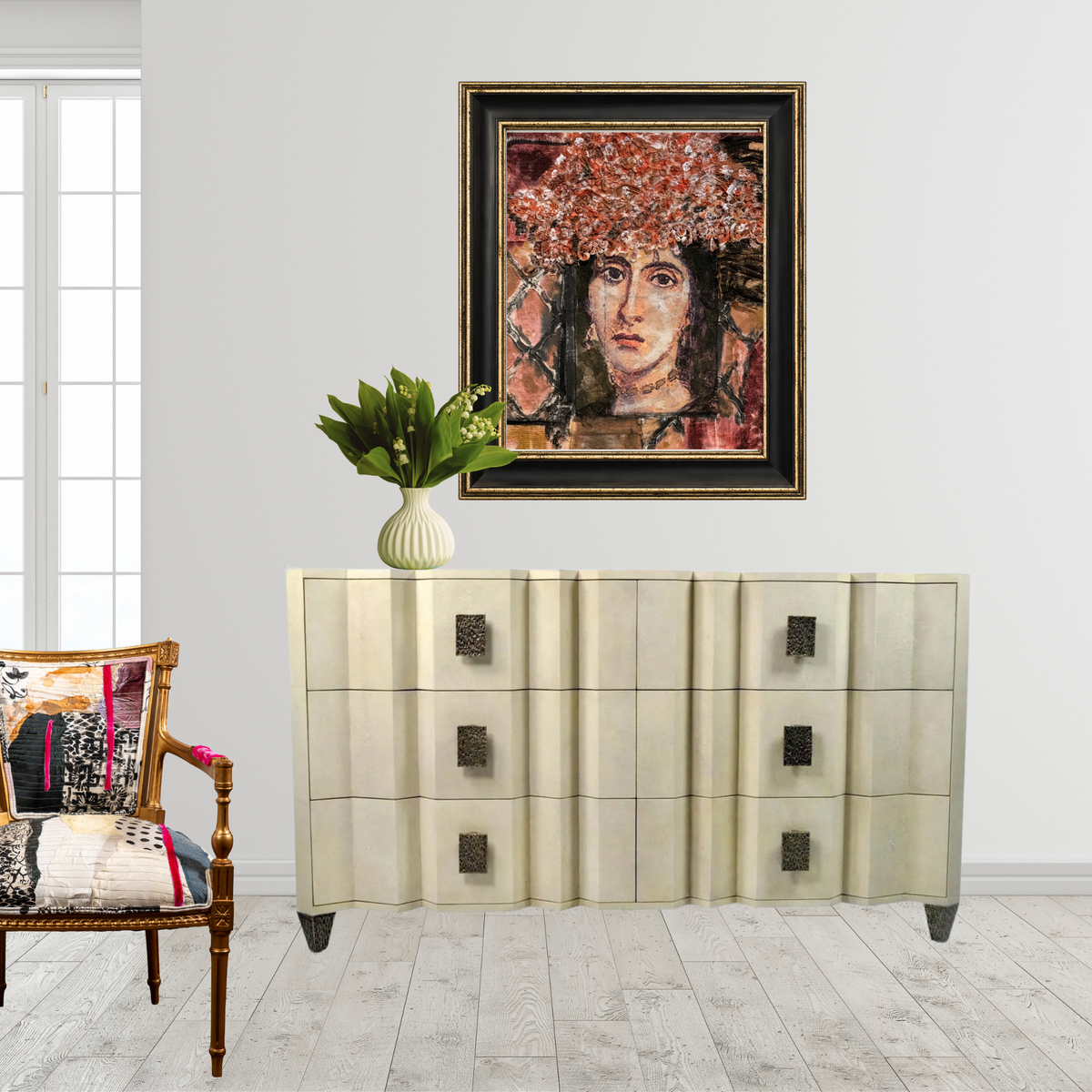 Lavina fine art print by contemporary artist Sara Palacios, featuring a soulful and evocative mixed-media portrait with deep narrative expression and rich gallery-level textures. Framed in a black-and-gold frame.
