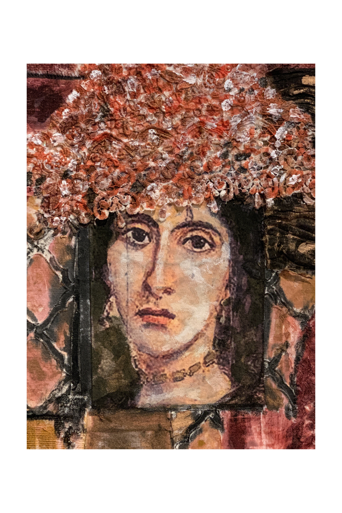 Artistic depiction of a face with floral headgear on a textured background