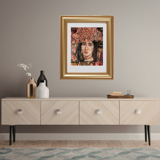 Colorful Portraits Fine Art Prints Framed artwork above a wooden cabinet with decorative items in a room.