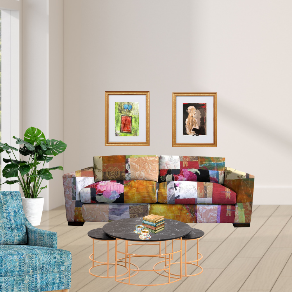 Colorful patchwork sofa in a living room with a coffee table and decorative items.