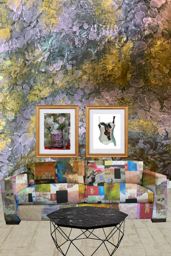living room setting, a patchwork sofa, 2 gold framed art prints