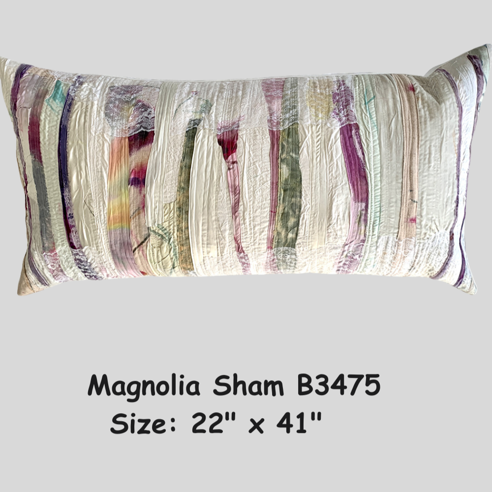 Colorful striped pillow sham with size and product code text on a gray background