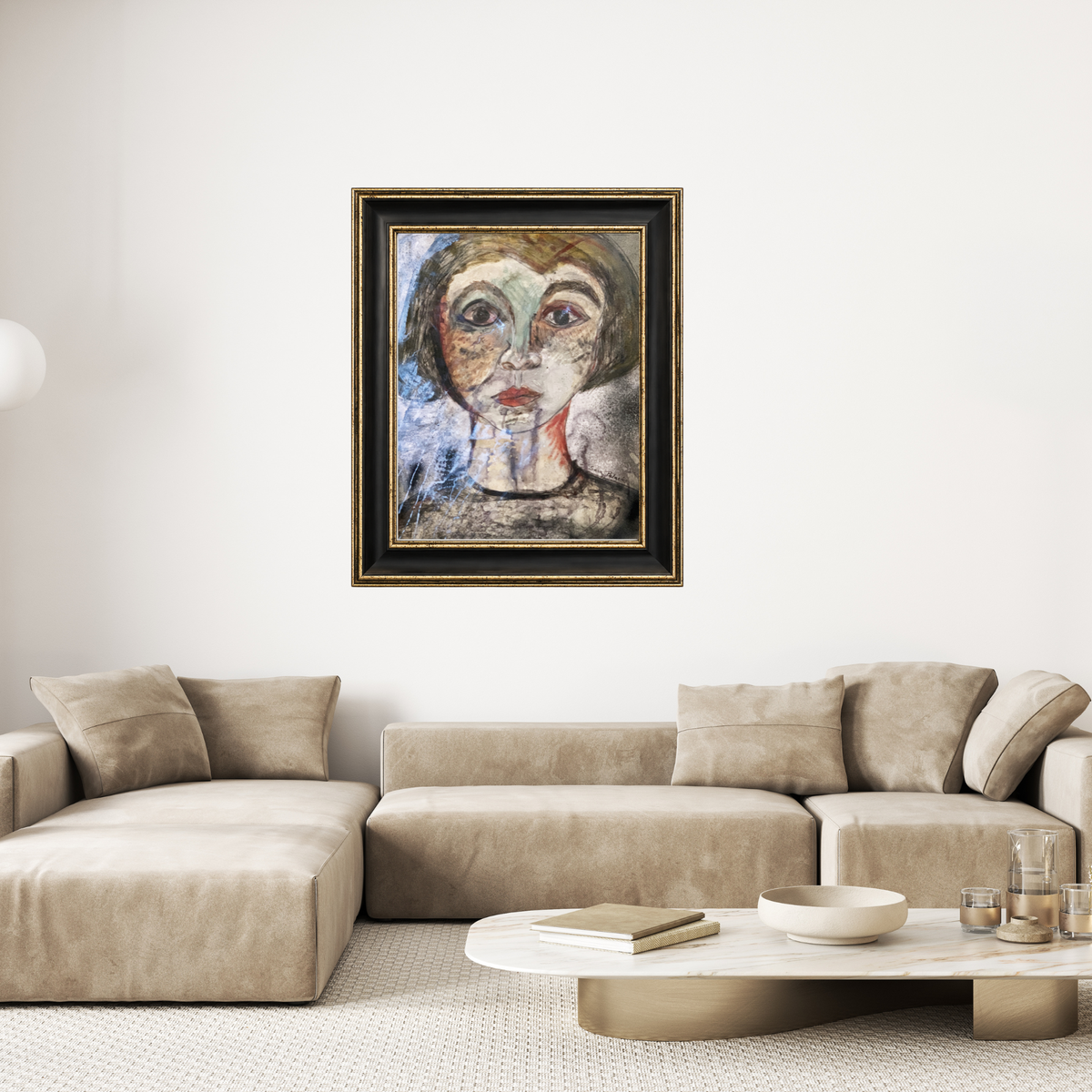 Mary fine art print by contemporary artist Sara Palacios, featuring an elegant and expressive mixed-media portrait with exceptional narrative depth and detailed gallery textures. Framed in a black and gold frame.
