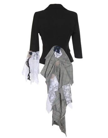 Art print of a one-of-a-kind jacket titled Maryweather Jacket, featuring plaid textile layers, cascading white lace, and couture embellishments by Sara Palacios.
