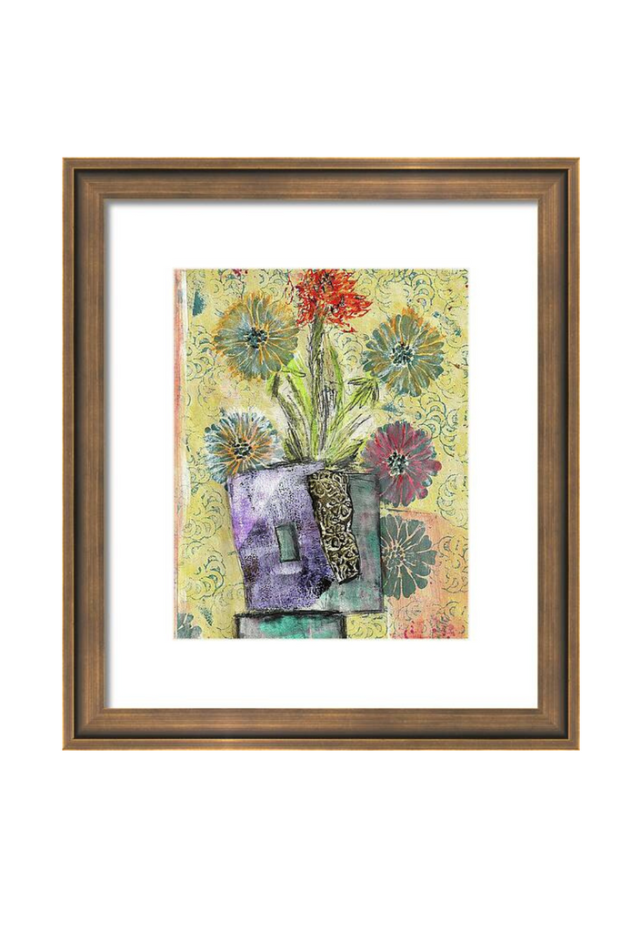 Framed artwork with colorful floral design on a white background