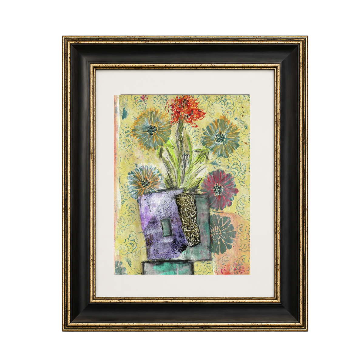  A beautifully framed Mead Moon contemporary fine art print by artist Sara Palacios, showcasing serene textures and warm tones in a premium matted solid wood black and gold frame.